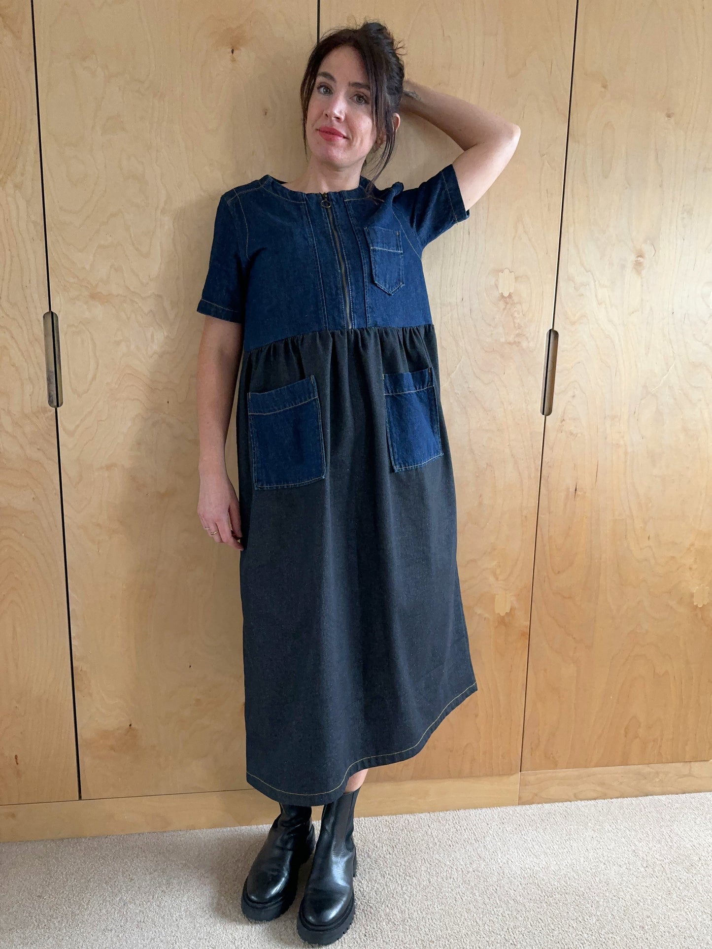 RECYCLED DENIM ORLA DRESS WITH SHORT SLEEVES